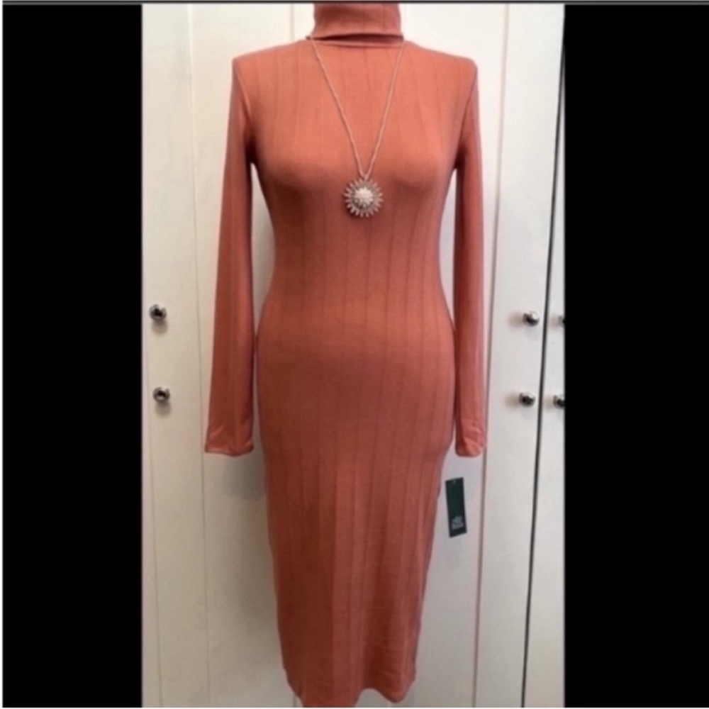 Bodycon Dress Rust Long Sleeved Turtleneck Midi Sweater Dress Sz MED NEW! FIRM!!